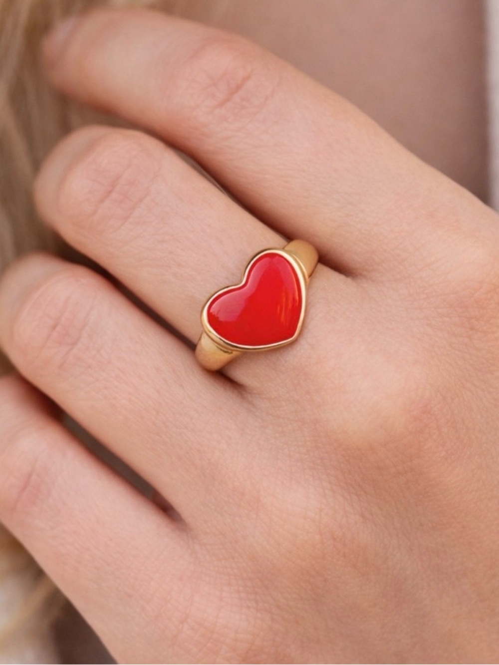 Gold Plated Ring with Red Heart Enamel